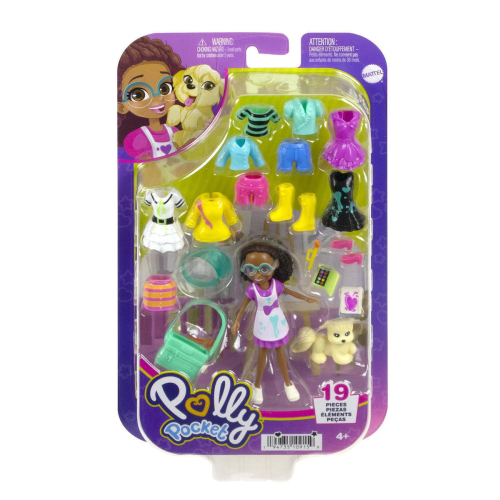 Mattel Polly Pocket: Medium Pack - Painting Dark Skin Doll with Pet (HKV91)